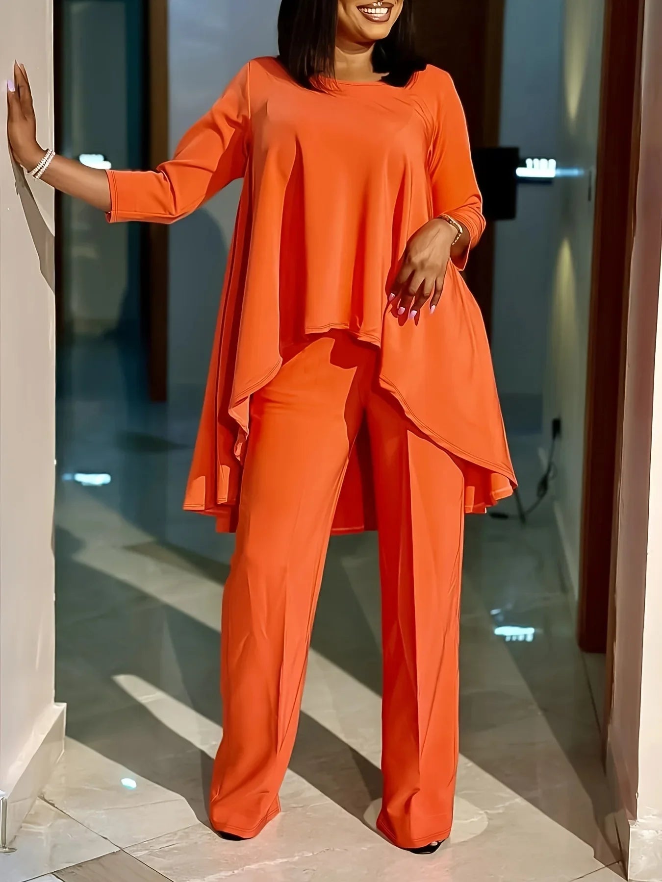 Women Two Piece Sets Pant Set Round Neck Matching Sets Casual Loose Irregularity Tops Long Pants Elegant Splice Y2k Streetwear