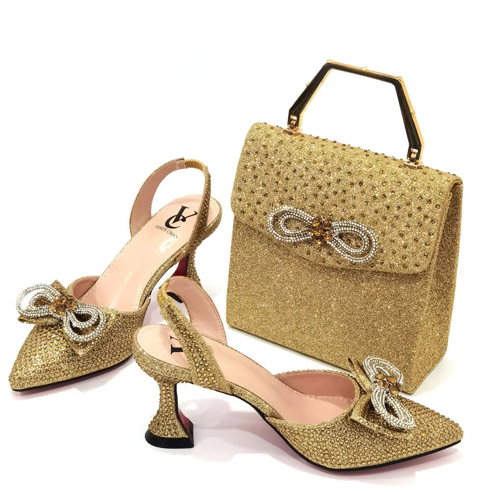 The Latest Style Rhinestone Bow Side Empty Party High Heels Pointed Toe Stiletto Heels Silver Women's Shoes And Bags