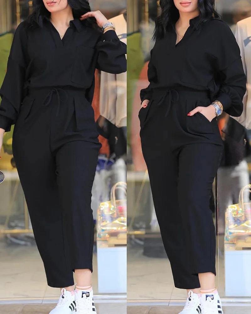 Women Spring Summer 2pcs Clothes Set Lantern Sleeve Top & Pocket Design Pants Set Solid Color Shirt Long Pants