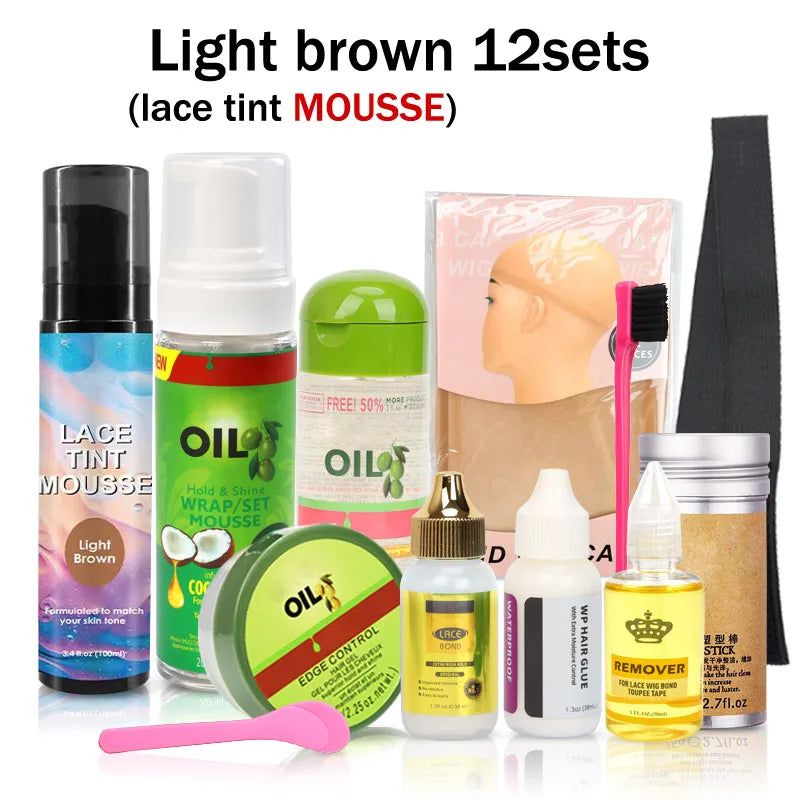 Wig Installation Kit Set With Everything 12Pcs Hair Mousse Lace Tint Spray Lace Wig Glue Hair Wax Stick Edge Control Wig Band