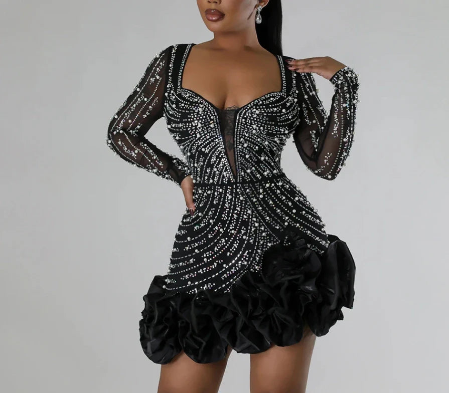 Women's Rhinestone Fashion Sexy Beaded Dress Temperament Commuting Female Clothing New High Waist Women Hip Wrap Party Dresses