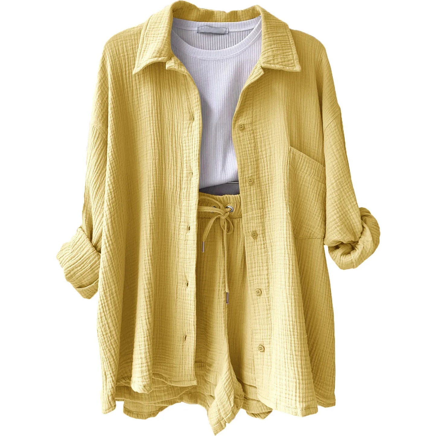 Women's Short Sets 2 Pcs Sale Grass Green Loose Button Cardigan Blouse Coats & Drawstring Wide Leg Loose Short Pant Suits