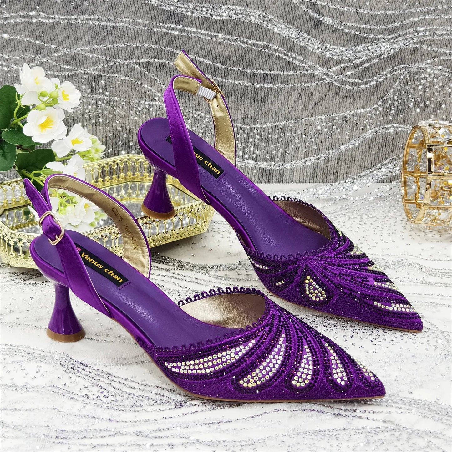 Venus Chan 2025 New Shoes and Bag to Match Orange Colour Pointed-Toe Diamond-Studded Party Women's High Heels Ms. Banguet Scene