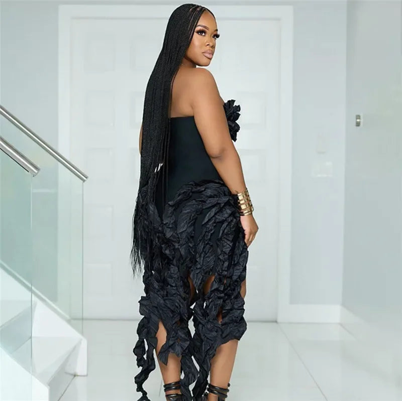 Women Strapless Ruffles Tassel Splicing Irregular Birthday Bodycon Midi Maxi Dress 2025 Even Sexy Party Dresses Vestidos
