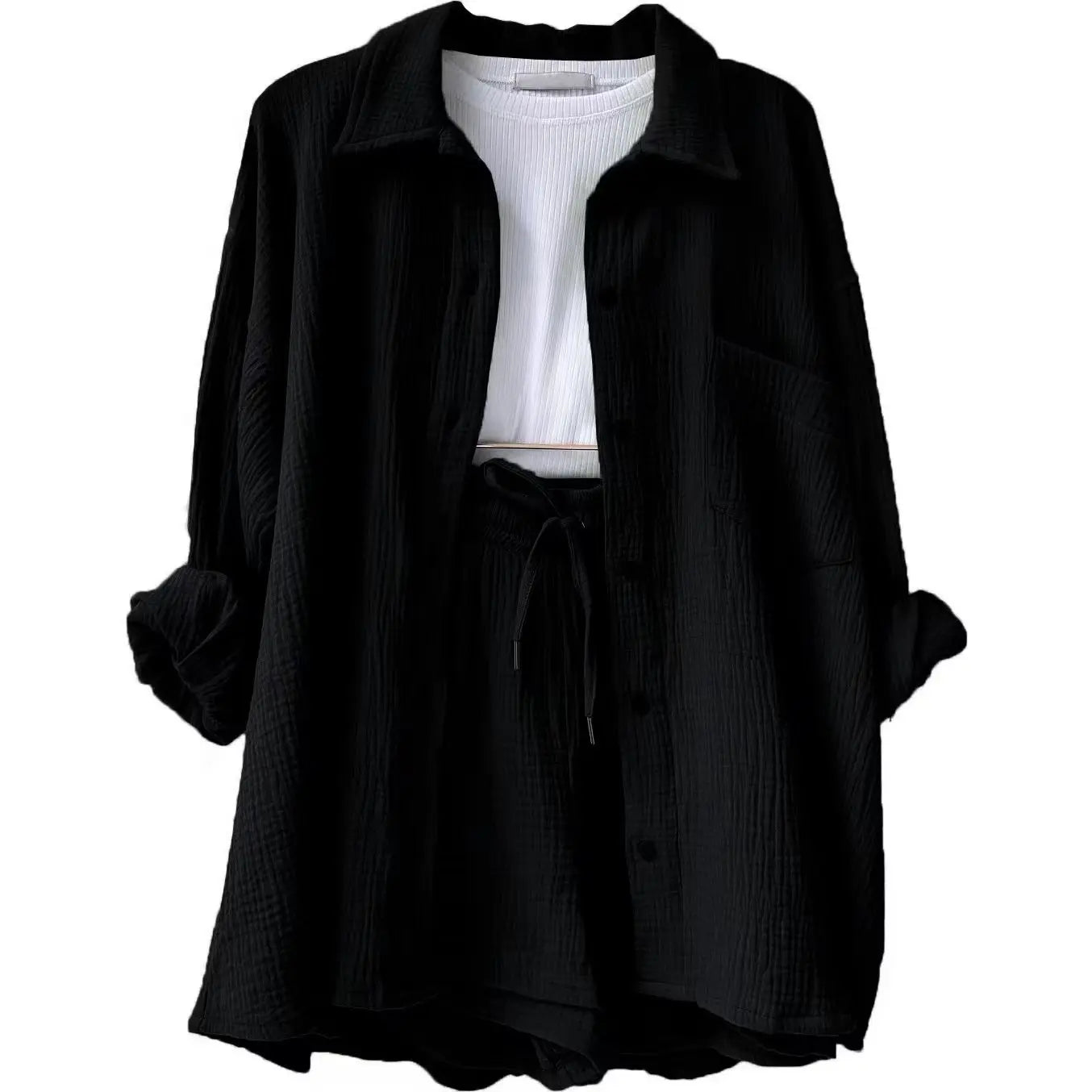 Women's Short Sets 2 Pcs Sale Grass Green Loose Button Cardigan Blouse Coats & Drawstring Wide Leg Loose Short Pant Suits