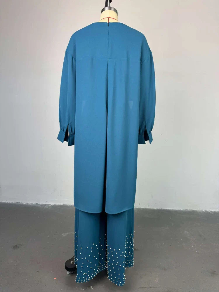 two piece sets women outfits o neck long lantern sleeve tops Embroidered Flares wide leg trousers fashion casual party Pant Sets