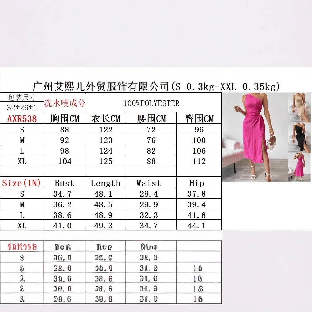 Spring and Summer Elegant Sexy Sleeveless Single Shoulder Diagonal Neck Solid Color Slit Dress Women Summer Dress 2025
