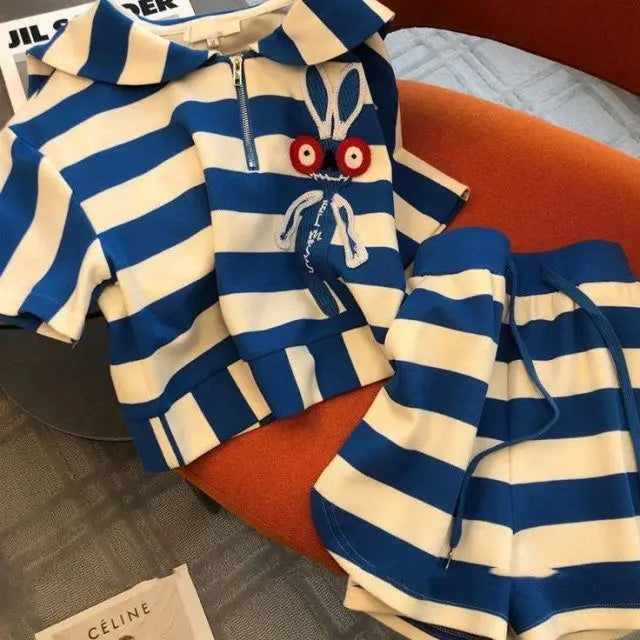 Spring and summer casual fashion sportswear slim fit striped printed short sleeved top+shorts two-piece set