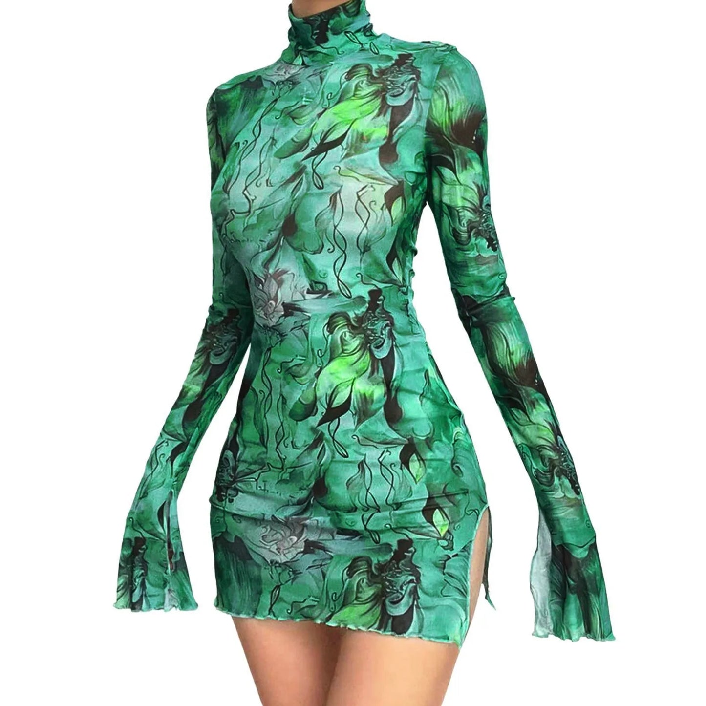 Top Selling Mesh Printed Round Neck Womens Dresses For Teens Plus Size Bell Sleeve Side Open Hip Dress Vestidos Para Mujer