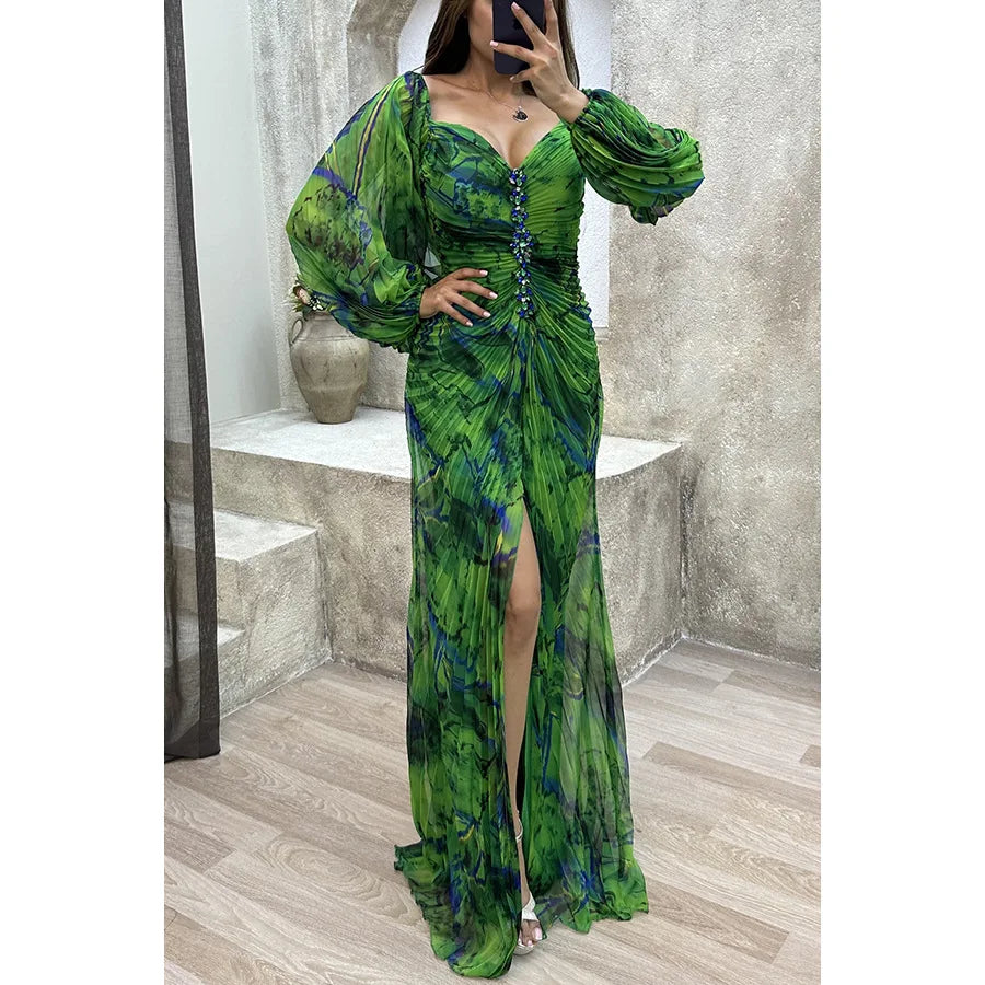 Women Floral Lantern Long Sleeve Dress Elegant Rhinestone Off Shoulder Maxi Dresses Sexy Deep V-neck Waist Split Parties Dress