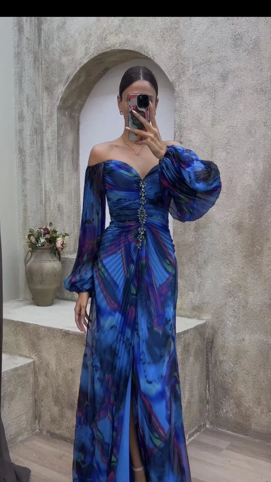 Women Floral Lantern Long Sleeve Dress Elegant Rhinestone Off Shoulder Maxi Dresses Sexy Deep V-neck Waist Split Parties Dress