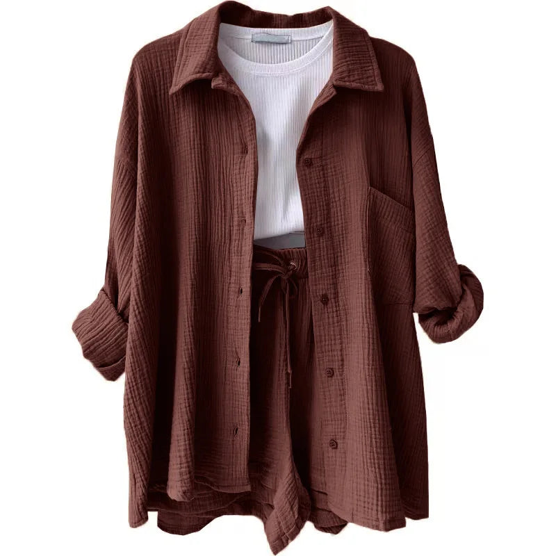 Women's Short Sets 2 Pcs Sale Grass Green Loose Button Cardigan Blouse Coats & Drawstring Wide Leg Loose Short Pant Suits