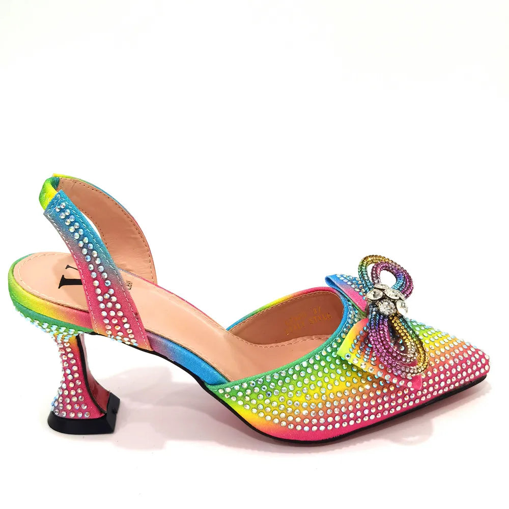 The Latest Style Rhinestone Bow Side Empty Party High Heels Pointed Toe Stiletto Heels Silver Women's Shoes And Bags