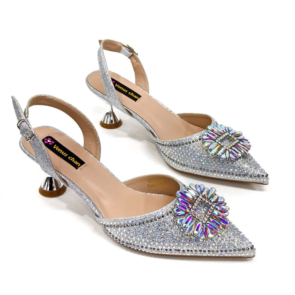 Venus Chan Luxury Rhinestone Heel & Handbag Set – Black & Gold Party Combo