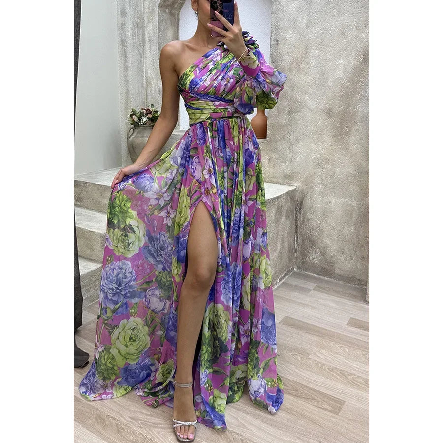 Women's S-XL Size Autumn and Winter Gathering New Casual Split Dress INS Loose Multi Color Slanted Shoulder Fashion Slimming
