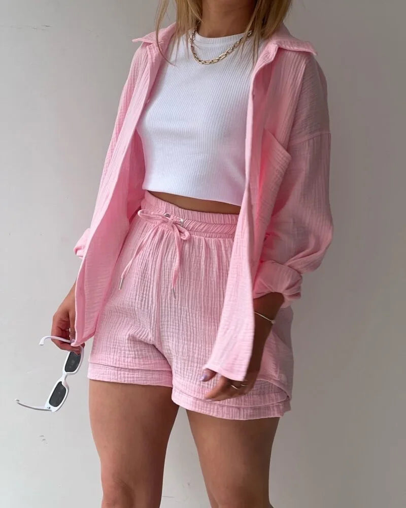 Women's Short Sets 2 Pcs Sale Grass Green Loose Button Cardigan Blouse Coats & Drawstring Wide Leg Loose Short Pant Suits