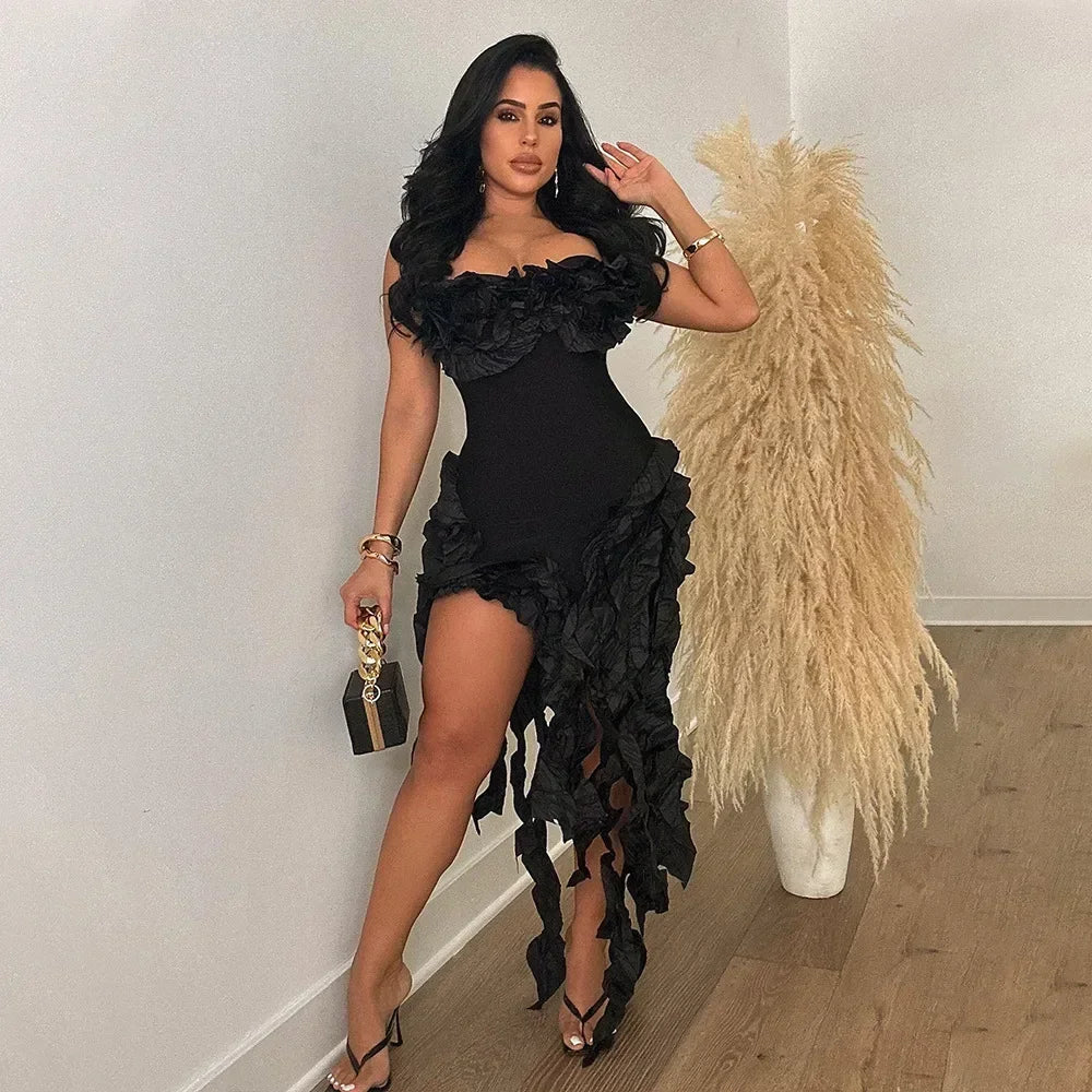 Women Strapless Ruffles Tassel Splicing Irregular Birthday Bodycon Midi Maxi Dress 2025 Even Sexy Party Dresses Vestidos