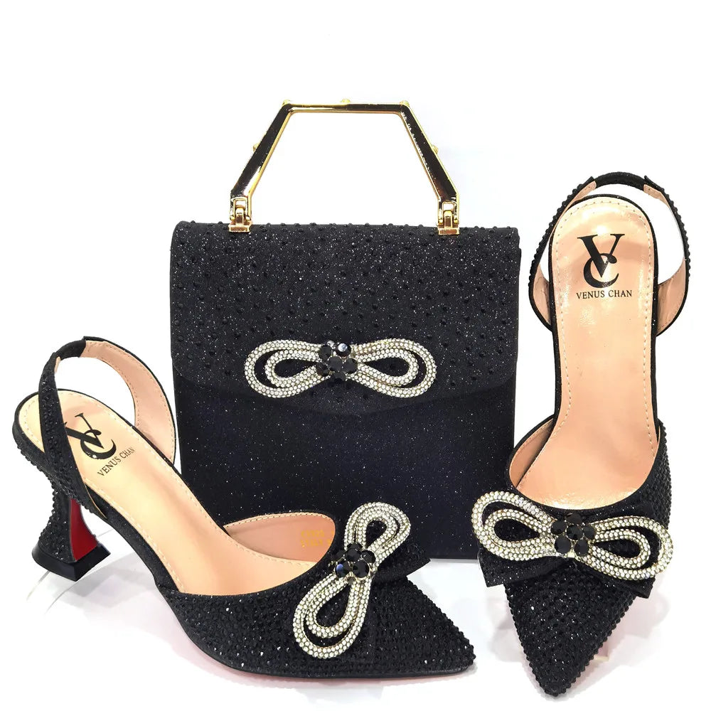 The Latest Style Rhinestone Bow Side Empty Party High Heels Pointed Toe Stiletto Heels Silver Women's Shoes And Bags