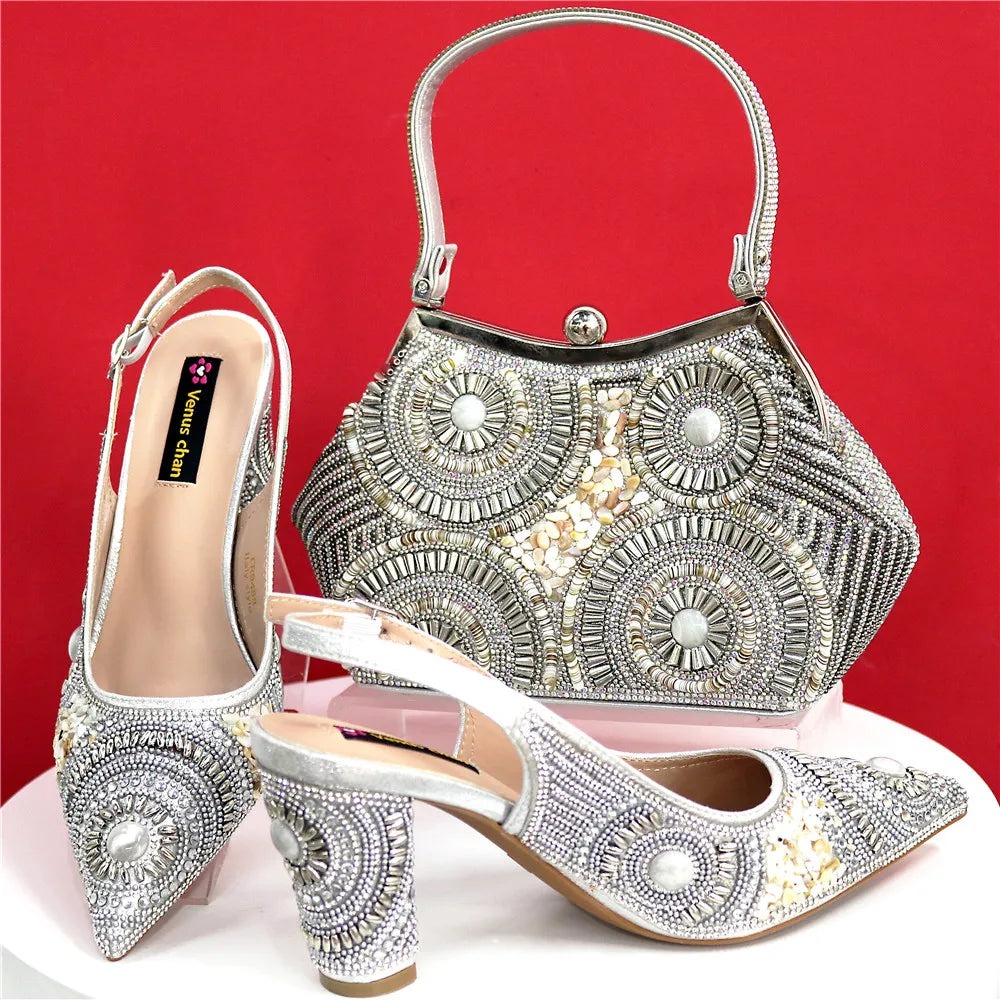 Spot Goods Elegant Streamlined Pointed Toe Women's Shoes Matching Flower Basket Handbag Party Women's Shoes And Bag Set