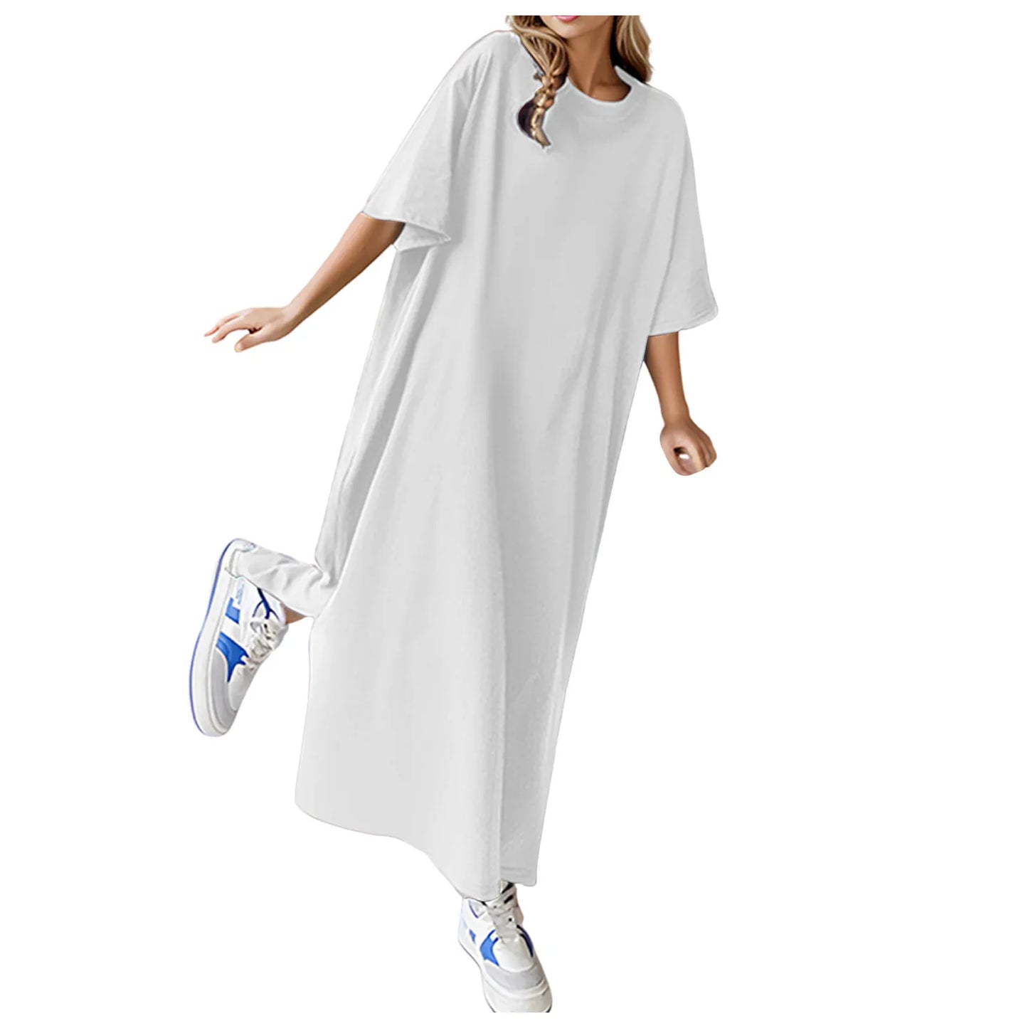 Summer Solid Color T Shirt Dress Casual Short Sleeved Loose Dresses Round Neck Slit Maxi Dress For Women Elegant Vestidos 2024