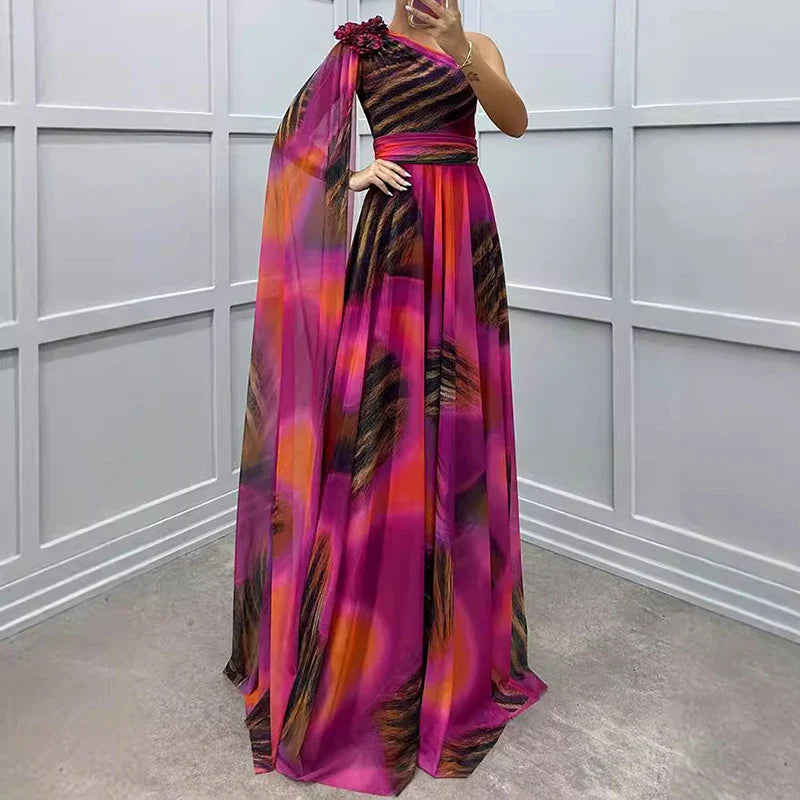 Women Spring Printed Floor Length Dress Elegant Flower Inclined Shoulder Hollow Evening Dress Fall High Waist Chiffon Long Dress