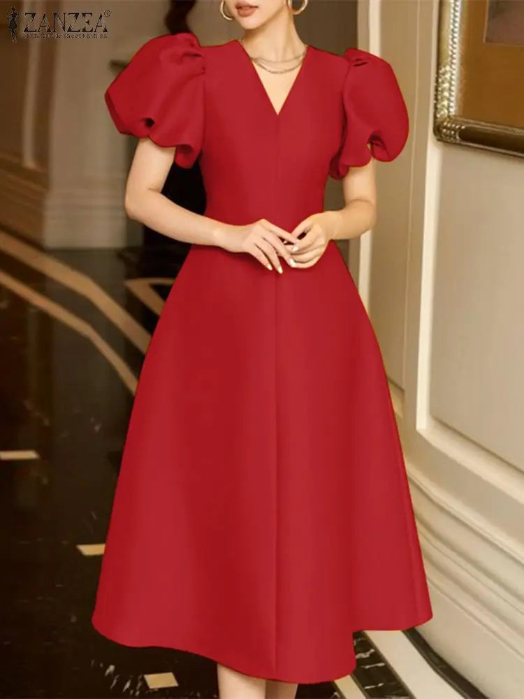 ZANZEA Woman Elegant Party Dress Summer Puff Sleeve V-Neck Dresses Fashion Solid Sundress Vintage A Line Vestidos Oversized 2024