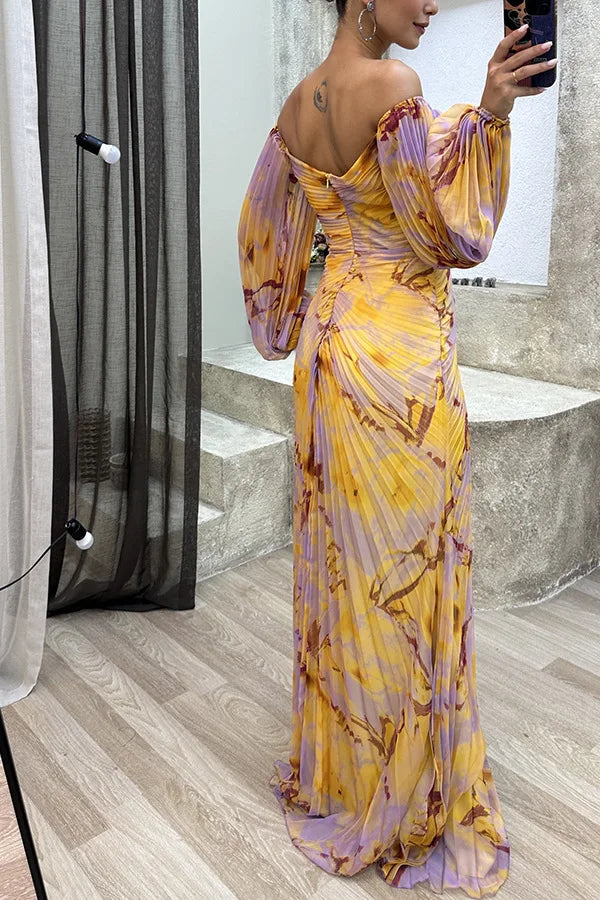 Women Floral Lantern Long Sleeve Dress Elegant Rhinestone Off Shoulder Maxi Dresses Sexy Deep V-neck Waist Split Parties Dress