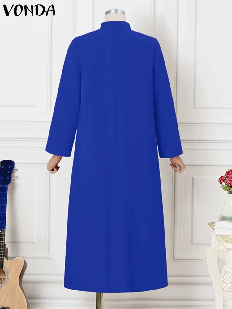 Plus Size VONDA Women Ruffled Maxi Long Dress 2024 Casual Solid Color A-Line Shirt Dress Stand Collar Long Sleeve Party Vestido