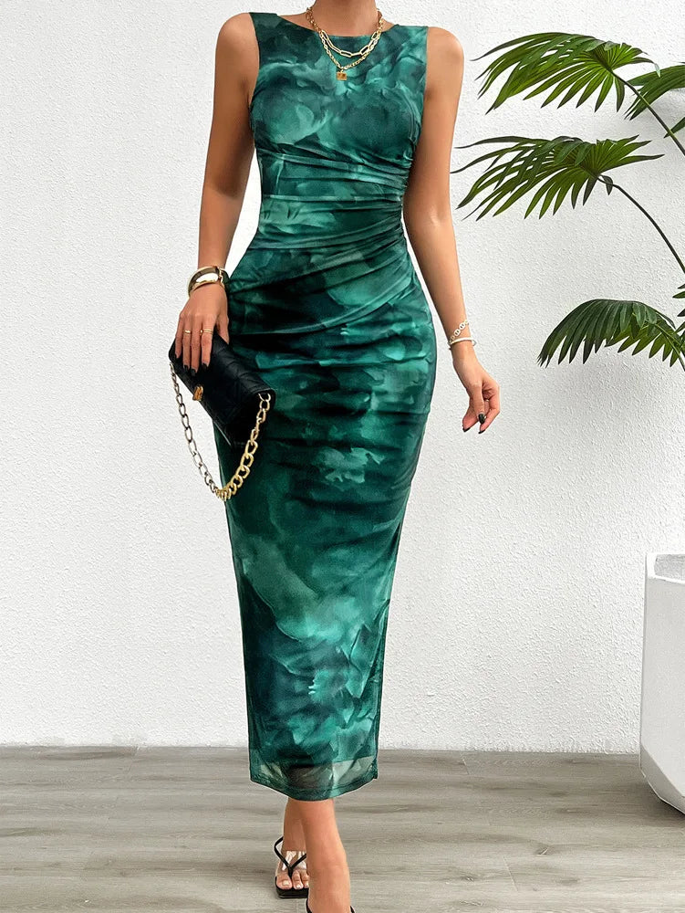 Women's 2024 Spring Summer New Fashionable Printed Round Neck Style Slimming Sleeveless Tight Dress With Split Bottom
