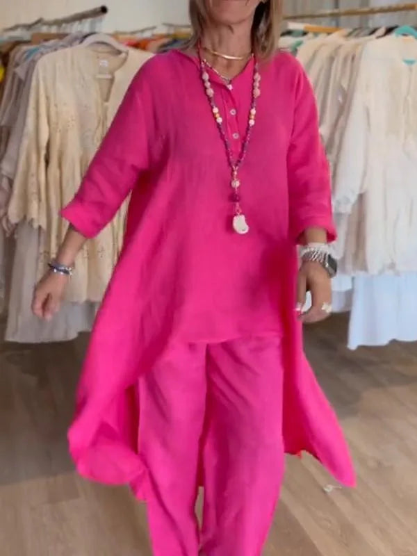 Plus Size Women Casual Linen Two Piece Sets 2024 New Summer Vintage Long Blouse and Wide Leg Pants Suits Female Tracksuits Set
