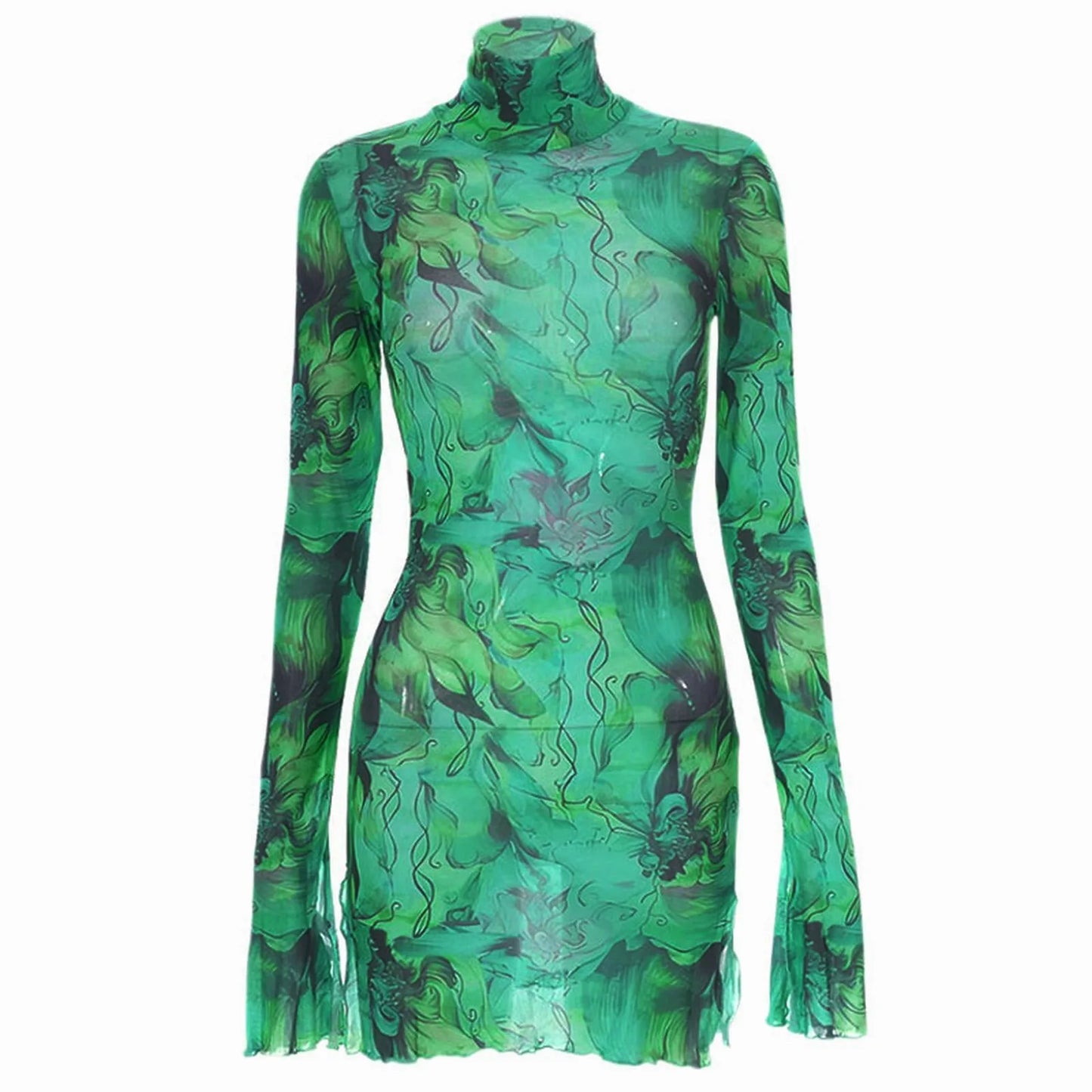 Top Selling Mesh Printed Round Neck Womens Dresses For Teens Plus Size Bell Sleeve Side Open Hip Dress Vestidos Para Mujer