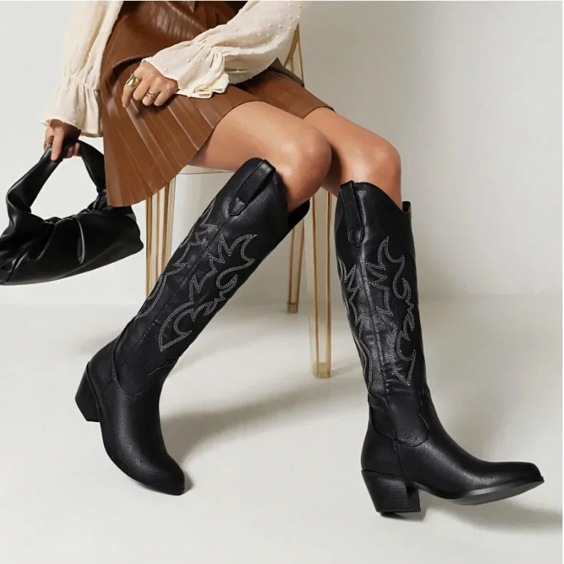 Pointed Toe Knight Boots for Women Brown PU Leather Knee High Boots Woman Autumn Winter Western Cowboy Long Botas Mujer 2024