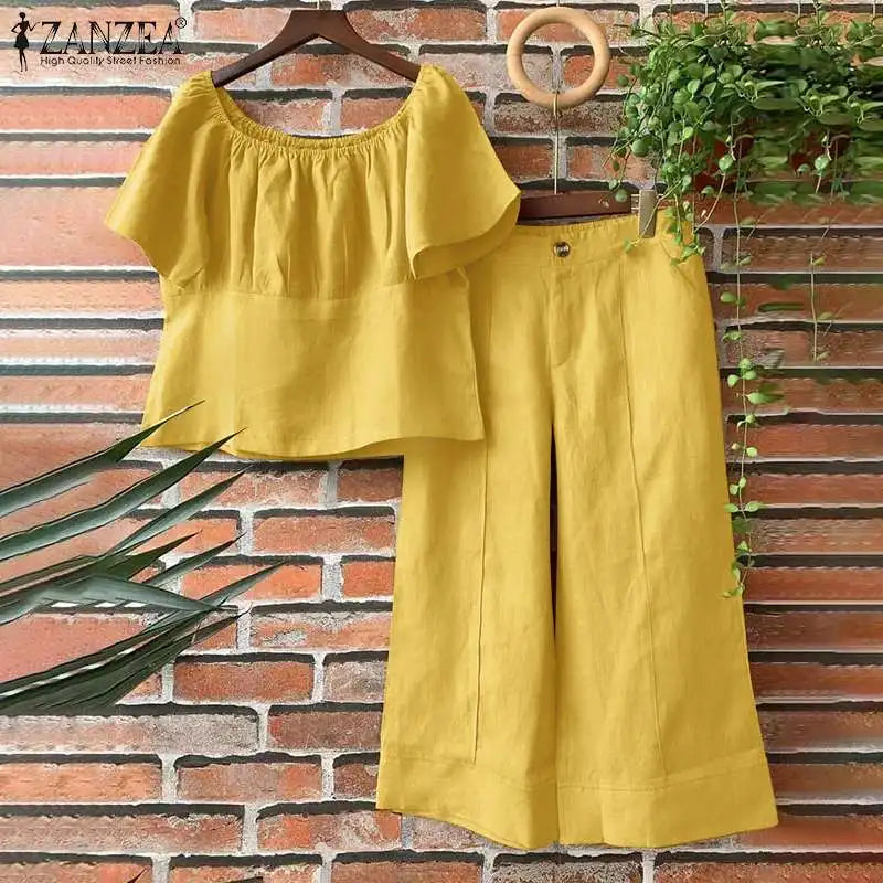 Summer Women Matching Sets ZANZEA 2PCS Elegant Short Sleeve Blouse Wide Leg Pants Fasahion OL Work Pant Sets Holiday Tracksuits