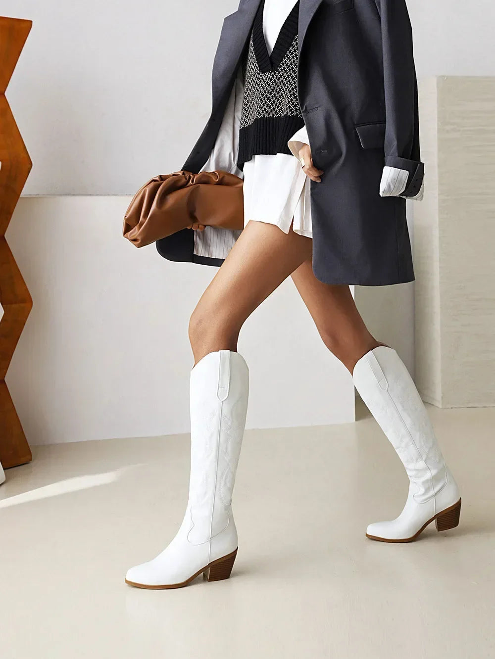 Pointed Toe Knight Boots for Women Brown PU Leather Knee High Boots Woman Autumn Winter Western Cowboy Long Botas Mujer 2024