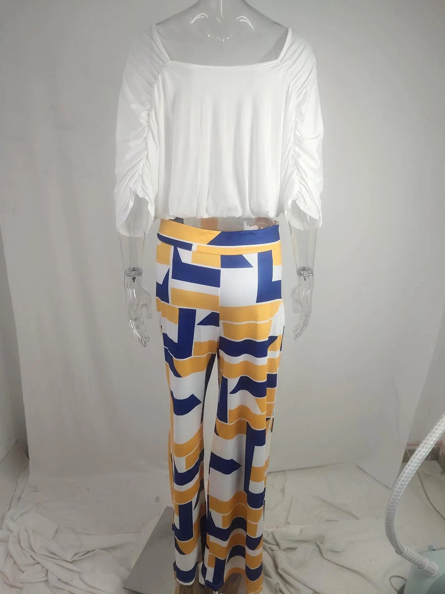 Summer New Printed Pants Sets Women Fashion Raglan Sleeves V-neck Cropped Top High Waist Wide Legs Trousers Two Piece Set Female