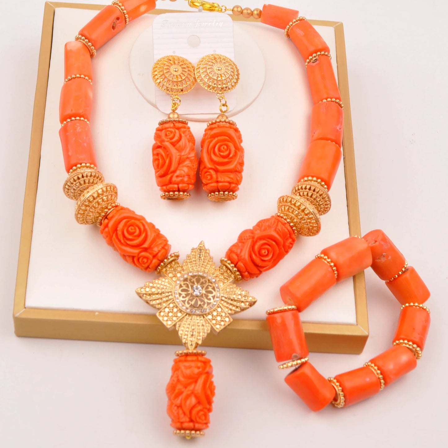splendid orange nigeria coral beads necklace african jewelry set bridal wedding jewelry sets C21-23-01