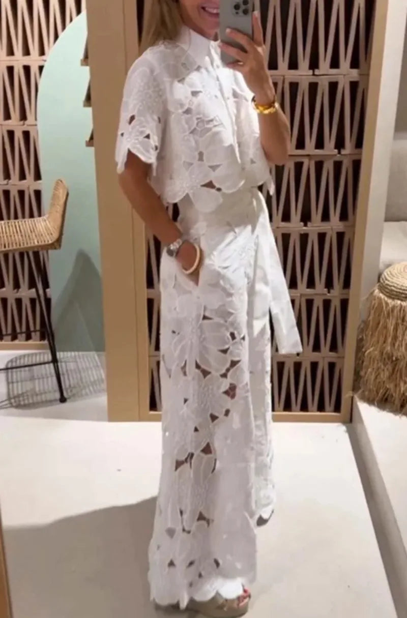 Sexy Lapel Single-breasted Shirt Top + Wide-leg Pants 2-piece Set Women Fashion Solid Color Elegant Casual Hollow Suit Female