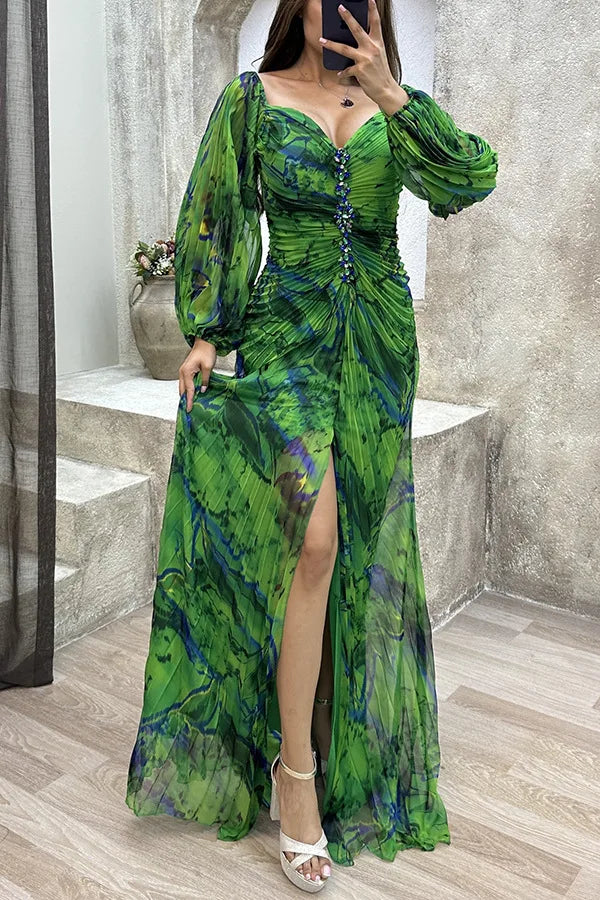 Women Floral Lantern Long Sleeve Dress Elegant Rhinestone Off Shoulder Maxi Dresses Sexy Deep V-neck Waist Split Parties Dress