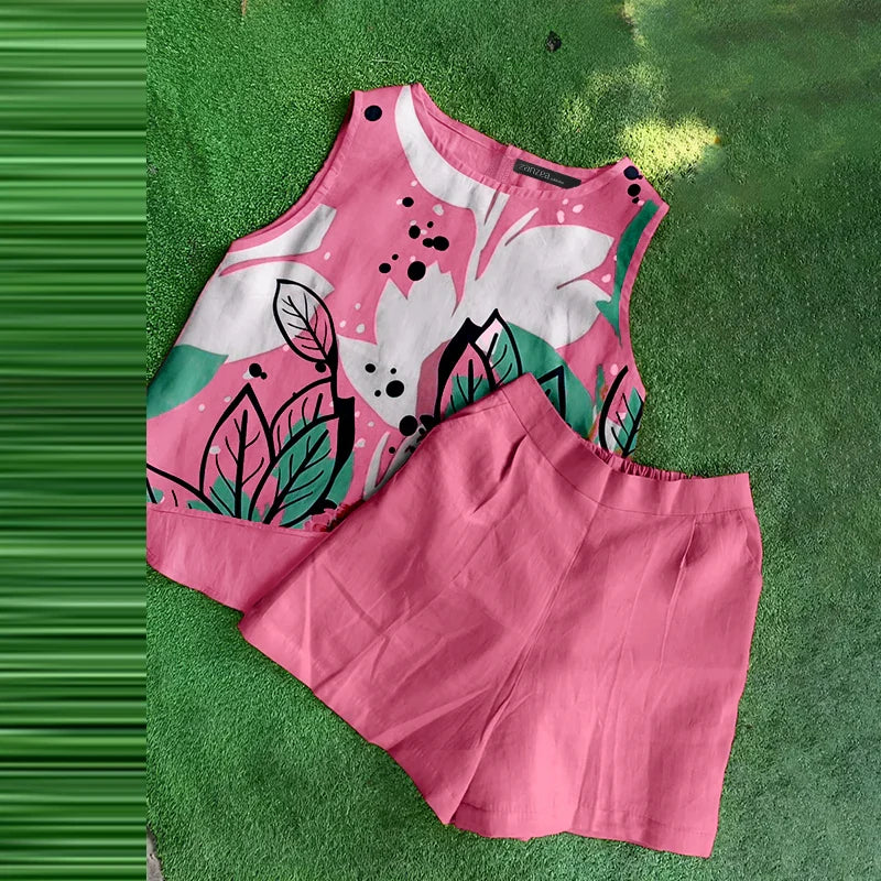 ZANZEA Casual Women 2-Pieces Sets Vacation Loose Floral Print Asymmetrical Hem Top Solid Shorts 2pcs Outfits 2025 Summer Suits