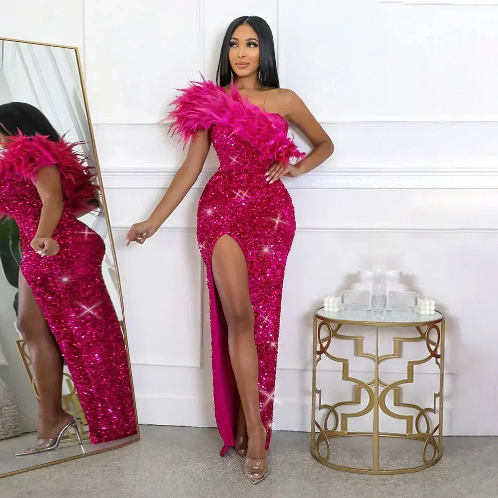 One Shoulder Feather Sequin Prom Long Slit Dress Party Evening Gowns Elegant Luxury Celebrity Night Club Sexy Bodycon Dresses