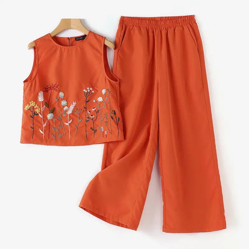Vintage Women Sleeveless Tops Wide Leg Pant Sets Summer Matching Sets ZANZEA 2PCS Embroidery Floral Trousers Suits Tracksuit