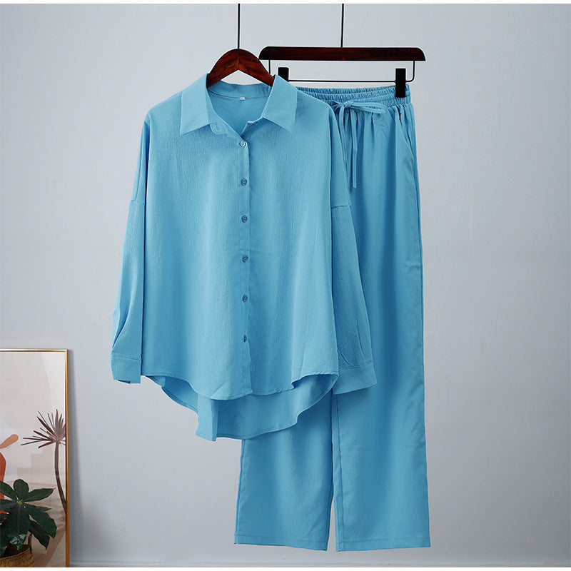 Summer Outfits for Women 2023 Fashion Loose Elastic Wrinkle Long Sleeve Shirt Wide Leg Pants Casual Set for Women 2 Piece Set