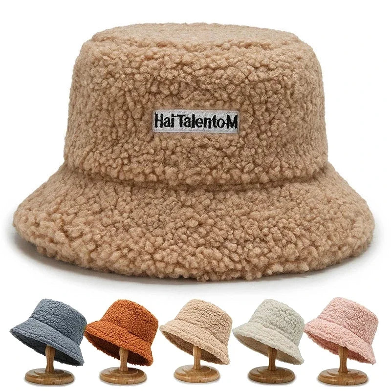 Women Girls Faux Fur Bucket Hat Plush Warm Fisherman Hat Outdoor Windproof Panama Bowl Hats Autumn Street Cold -proof Cap Hats
