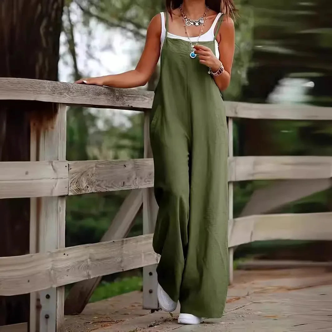 Women's Sleeveless Plus Size Jumpsuit Cotton And Linen Solid Loose Wide Leg Slash Pocket Casual Ankle-Length Pants 2024