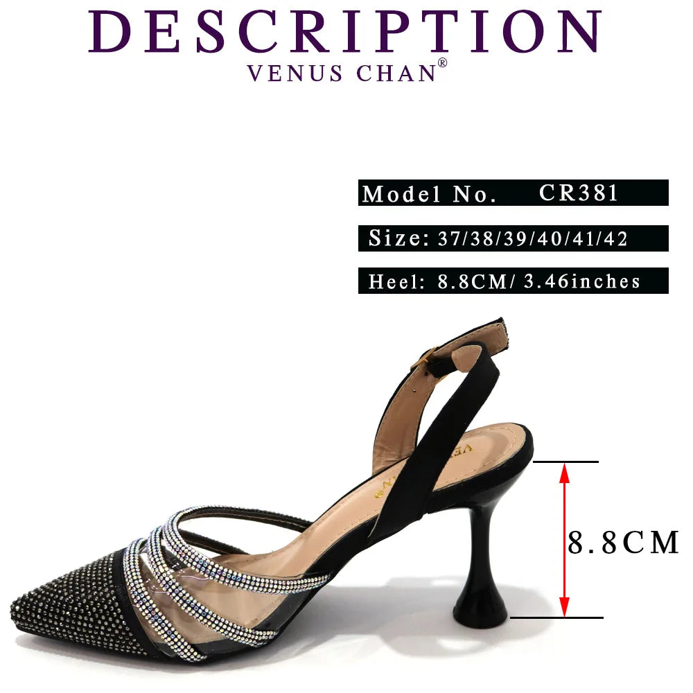 Venus Chan Shoes for Women 2023 Pointed Toe Black Heels Rhinestone Chain Party Sandals Italian Shoes and Bags Matching Set 2023