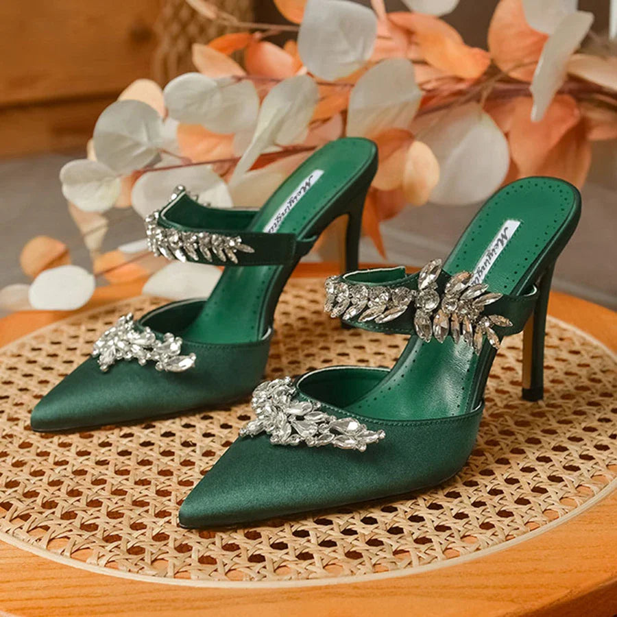 Women's High HeelsTemperament Baotou Silk Wheat Ear Rhinestones Muller Semi-Trailer Pump Pointed Stiletto Sandals