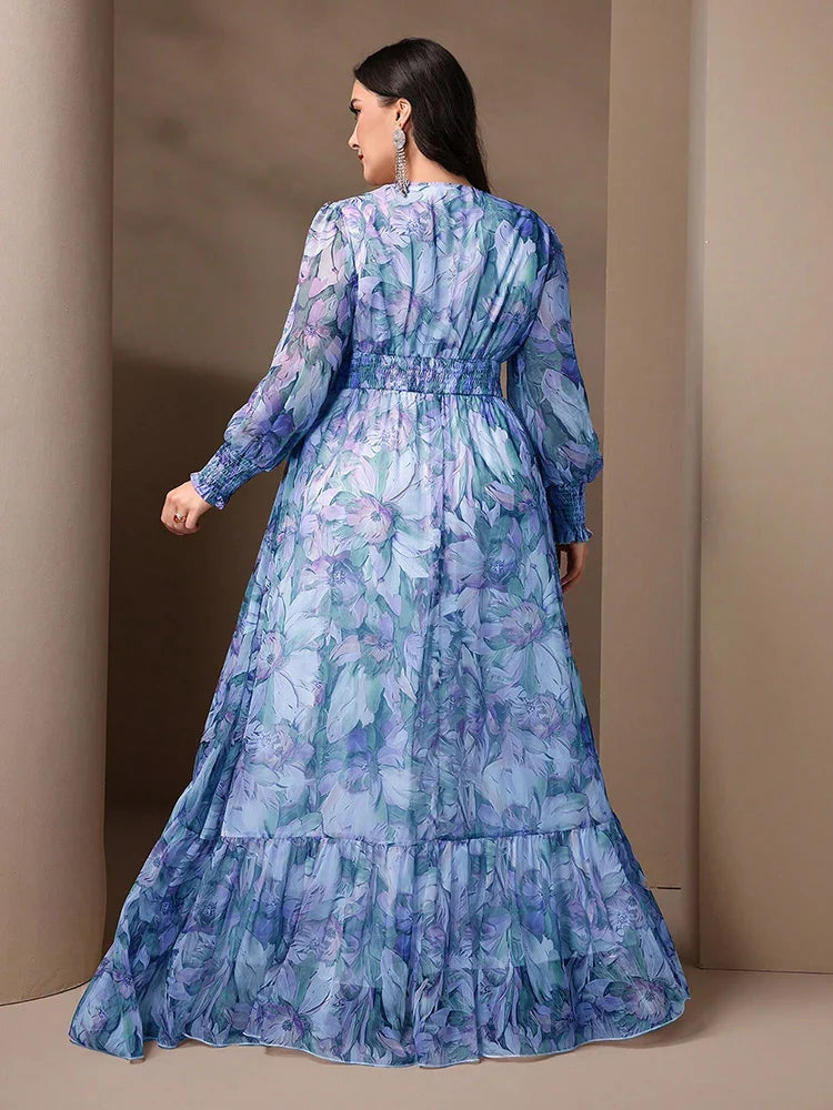 TOLEEN Plus Size Women V-Neck Lantern Sleeve Ruffle 2024 Spring Summer Casual Elegant Floral Print Vacation Party Long Dresses