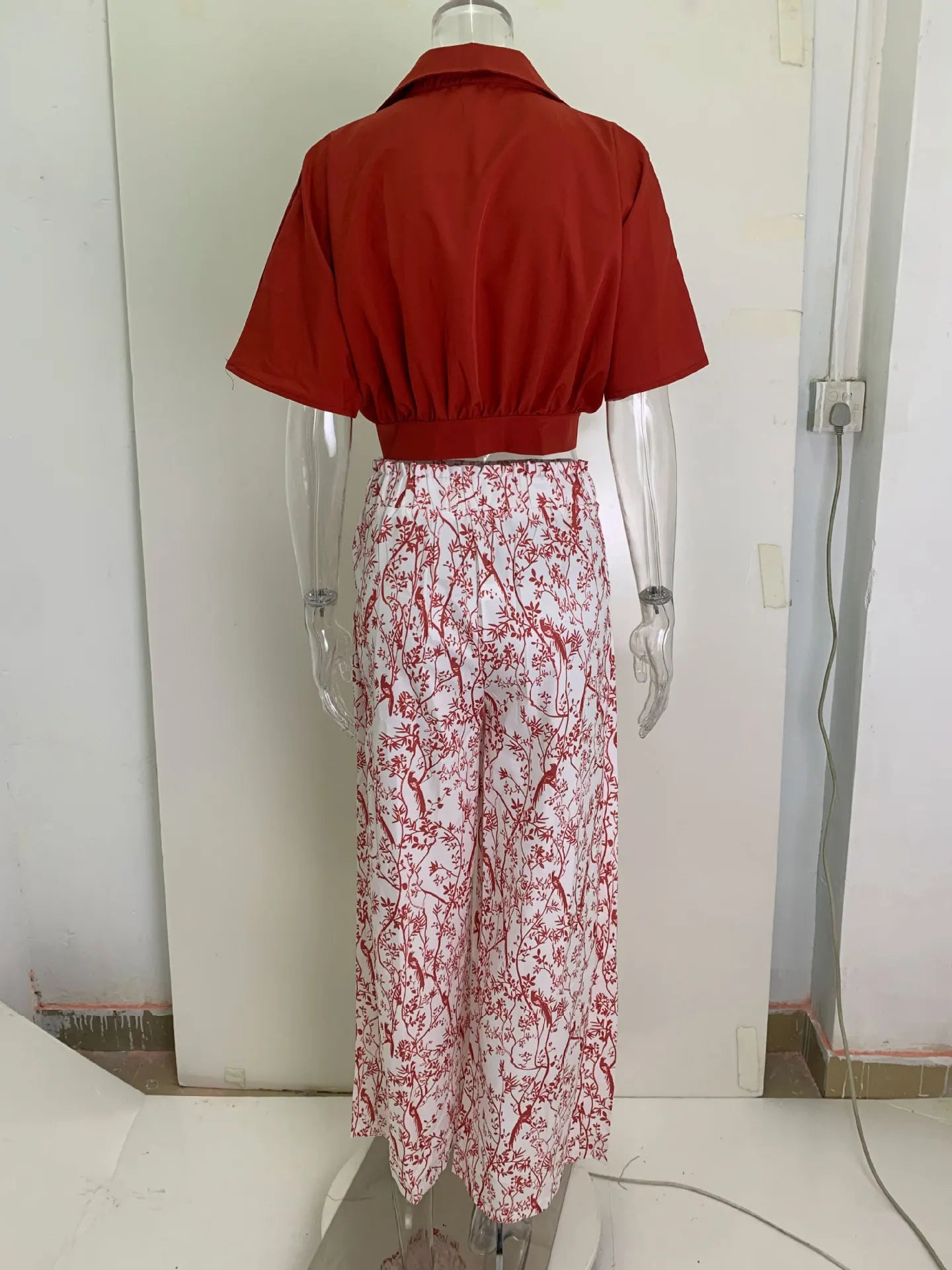 Summer New Printed Pants Sets Women Fashion Raglan Sleeves V-neck Cropped Top High Waist Wide Legs Trousers Two Piece Set Female