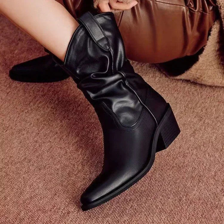 Women Chunky Heeled Western Boots Faux Suede Ankle Boots Woman Autumn Vintage Loose Tube Pleated Mid Calf Cowboy Botas Mujer