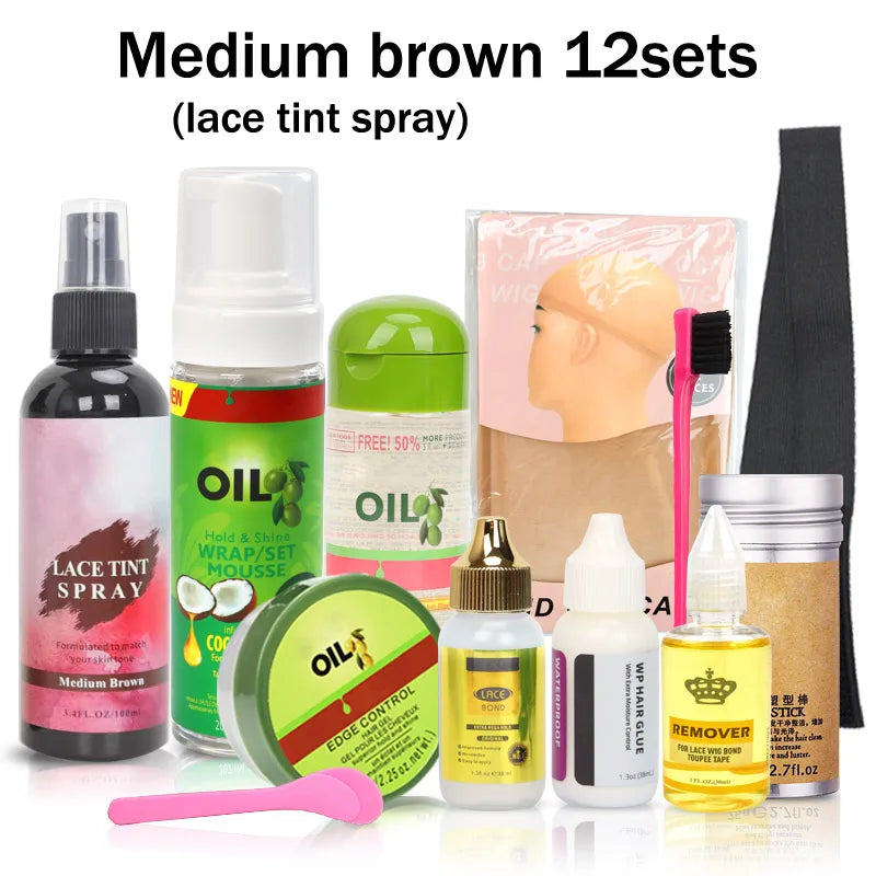 Wig Installation Kit Set With Everything 12Pcs Hair Mousse Lace Tint Spray Lace Wig Glue Hair Wax Stick Edge Control Wig Band